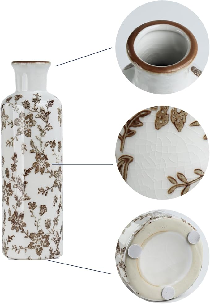 Ceramic Vase Set of 3, Vintage Ceramic Flower Vases, Crackle-Glaze & Distressed Rim, Brown Botanical Pattern, for Home Decor, Living Room Mantel & Dining Table Centerpiece