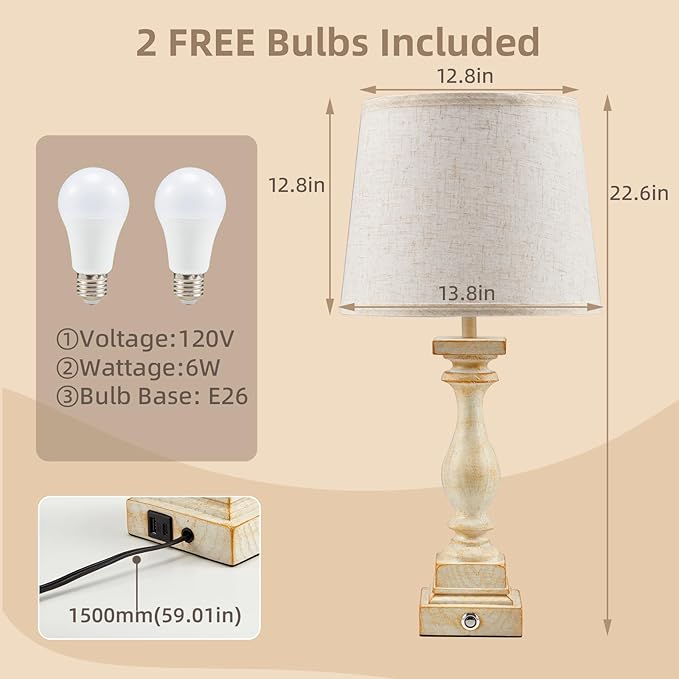 BUPPLEE Touch Lamps for Bedroom Set of 2,Bed-Side Table Lamps with 2 USB Ports, Bedroom Lamps with 3-Way Dimmable,23" Tall Table Lamps for Living Room/Night-Stand, Bonus 2 Bulbs