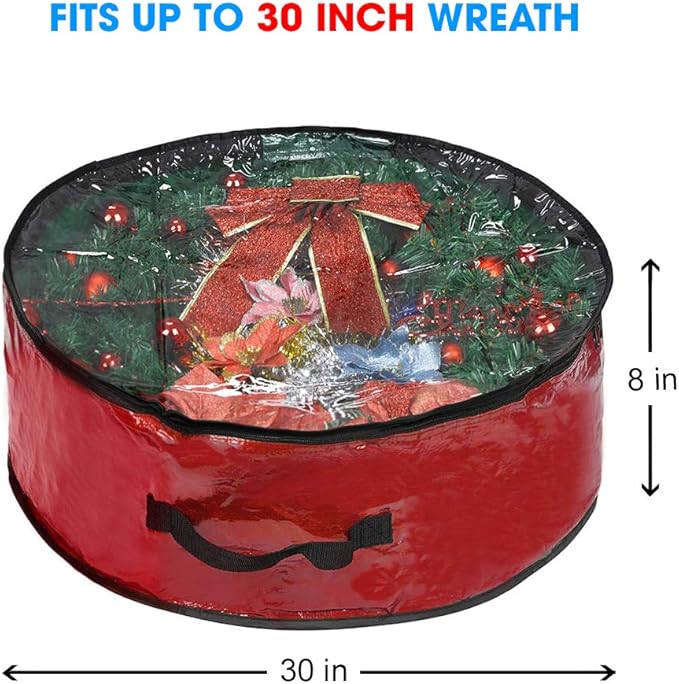Propik Christmas Wreath Storage Bag 30" - Garland Holiday Container with Clear Window - Tear Resistant Fabric - 30" X 30" X 8" (Red)