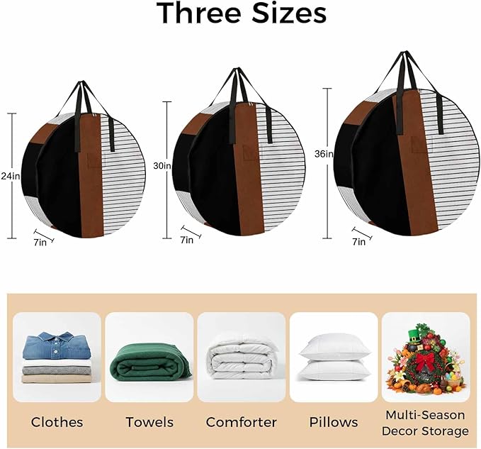 Storage Bag Brown Black Lines Round Storage Totes Bins Closet Organizers with Zippers & Handle Boho Style Clothes Storage Container for Bedroom Dorm Space Saving Packing Supplies Moving Bags