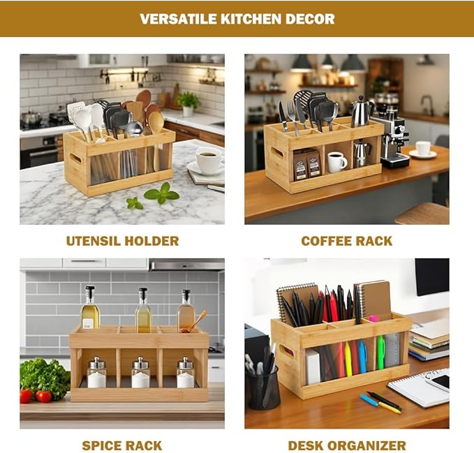 Utensil Holder for Kitchen Counter,Large Utensil Holder with Absorbing Drying Stone Mat,Bamboo Utensil Organizer with 6 Compartments,Silverware Caddy&Cooking Utensil Organizer for Kitchen Decor