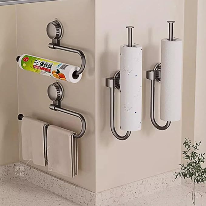 Paper Towel Holder Under Cabinet No Drilling, Suction Cup Metal Bathroom Towel Bar Wall Mount for Kitchen, RV, Bathroom