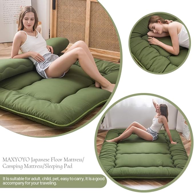MAXYOYO Japanese Floor Mattress Futon Mattress Thicken Tatami Mat Sleeping Pad Roll Up Mattress Floor Lounger Mat Folding Couch Mattress Pad for Guest Room, Green, Queen