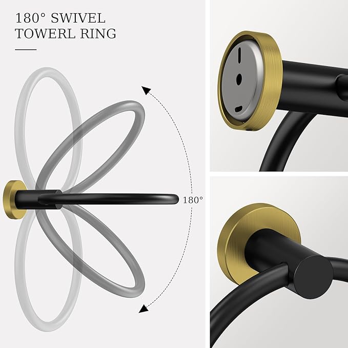Black and Gold Toilet Paper Holder & Towel Holder, Bathroom Hardware Set-SUS304 Stainless Steel Double Post Pivoting Tissue Roll Holder and Hand Towel Ring Set for Bathroom, RV
