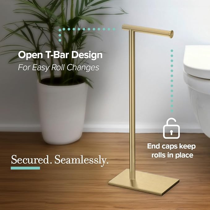 Gatco 1431B, Modern Rectangle Base Freestanding Toilet Paper Holder, 22.25”, Brushed Brass/Free Standing Toilet Tissue Holder Stand with Weighted Base