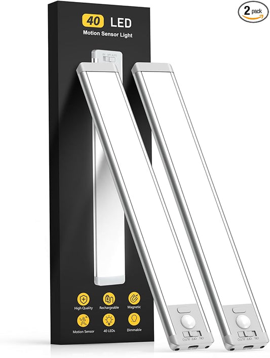 MCGOR 10inch Under Cabinet Lighting, 2 Pack Rechargeable Motion Sensor Light Indoor, 5 Levels Dimmable Magnetic Closet Lights, Wireless Under Counter Lights for Kitchen, Stairs