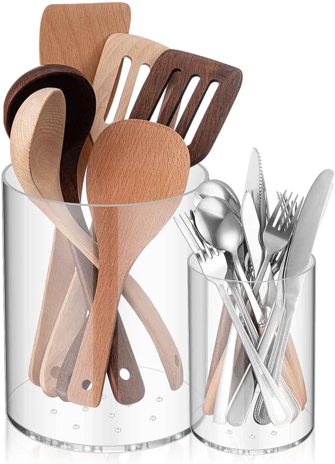 Threehoney Clear Utensil Holder 6.8''+5.4''acrylic Kitchen Counter Utensil Crock Plastic Cooking Tool Organizer Easy to Clean Cooking Spoon Holder for Spatula Modern Kitchen Accessories