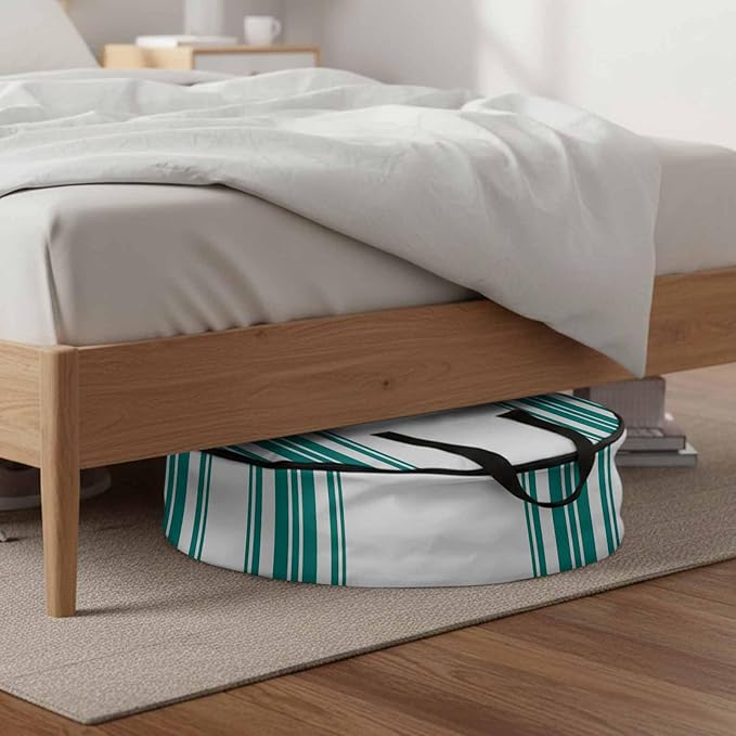 Storage Bag Teal Green Stripes Round Storage Totes Bins Closet Organizers with Zippers & Handle Simple Style Clothes Storage Container for Bedroom Dorm Space Saving Packing Supplies Moving Bags