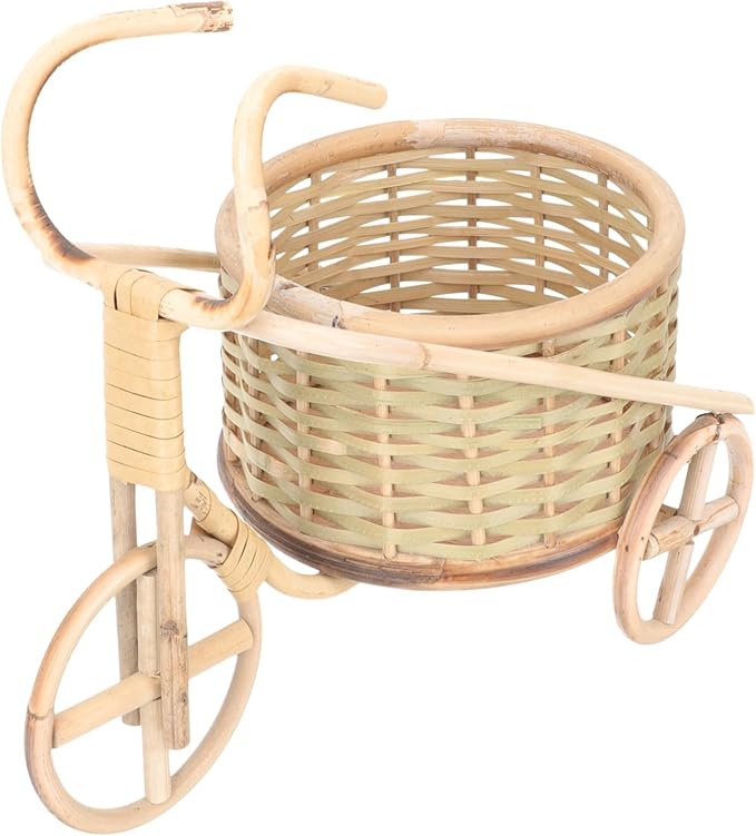 VOSAREA Handmade Rattan Tricycle Basket Mini Bamboo Pen Organizer for Desktop Decor Creative Storage for Home Office and Parties