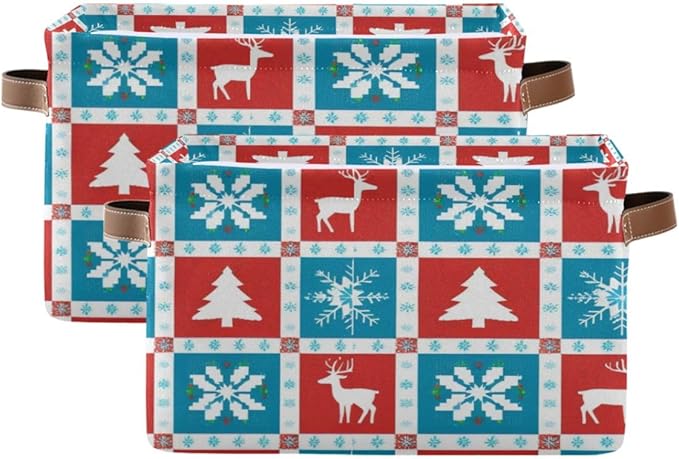 Christmas Storage Basket, Collapsible Canvas Organizer with Snowflake Reindeer Pattern, 14.2x10.2x8.3 Inches, Water Resistant Rectangular Box for Bedroom Storage