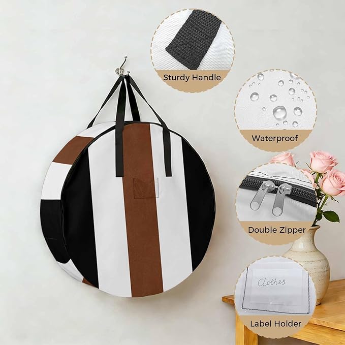 Storage Bag Boho Stripe Round Storage Totes Bins Closet Organizers with Zippers & Handle Bohemian Brown Black White Clothes Storage Container for Bedroom Dorm Space Saving Packing Supplies Moving Bags