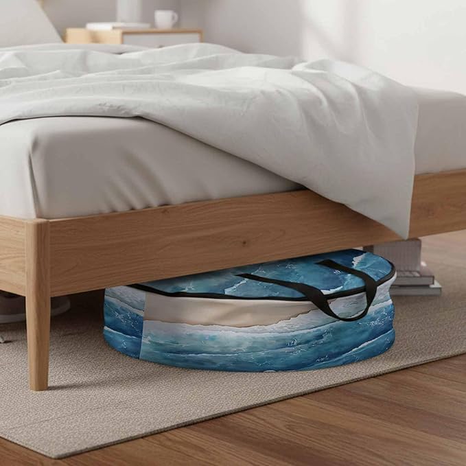 Abstract Waves Round Storage Bag 36 Inch, Blue White Ocean Spray Seaside Watercolor Clothes Storage Container with Handles Heavy Duty Organizer for Comforter, Bedding & Holiday Wreaths