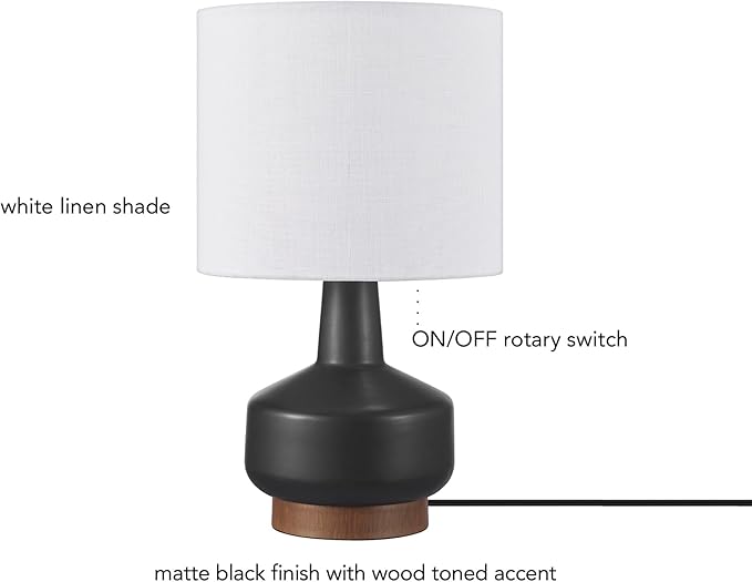 Globe Electric 15" Ceramic Table Lamp, Matte Black Base, Wood-Toned Accent, White Linen Shade, Dual Rotary Switch, Modern Bedroom or Office Lighting, 61000046