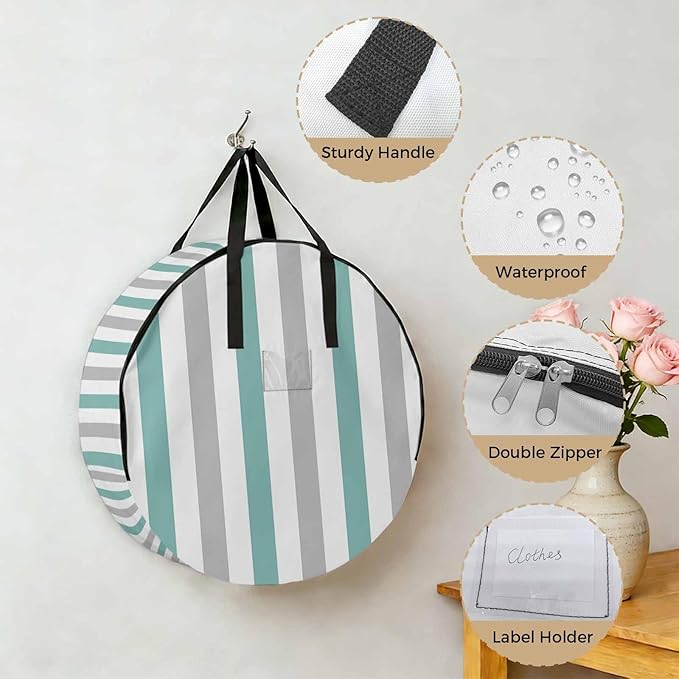 Storage Bag Turquoise Grey Stripes Round Storage Totes Bins Closet Organizers with Zippers & Handle Contrast Striped Clothes Storage Container for Bedroom Dorm Space Saving Packing Supplies Bags