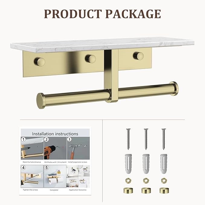 BWE Double Toilet Paper Holder with Shelf, Wall Mounted Tissue Roll Holder for Bathroom, Commercial Toilet Paper Dispenser, Marble Toilet Paper Storage Holder with Phone Shelf (Brushed Gold)