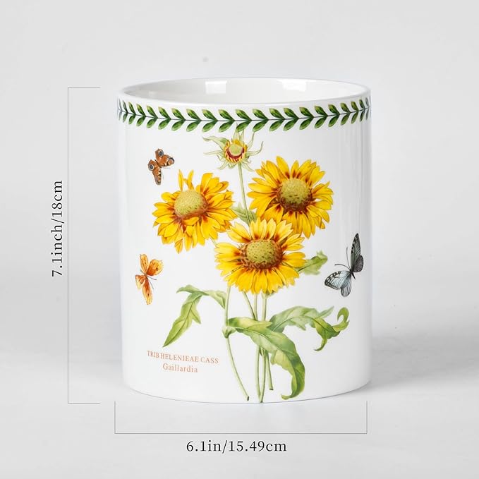 Floral Kitchen Utensil Holder, 7.1 Inch Large Ceramic Crock, Sunflower Pattern, White Kitchen Counter Organizer (sunflower)