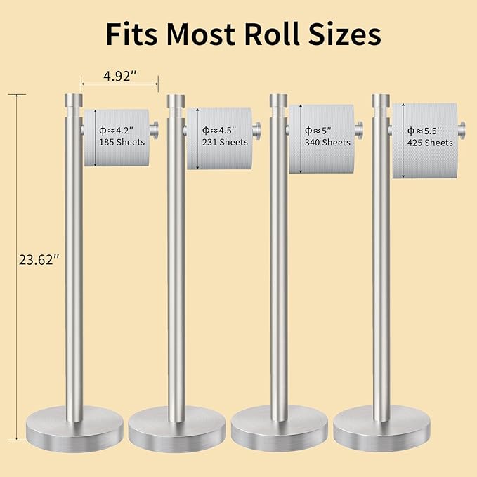 YUMORE Toilet Paper Holder Stand, 4.4lbs Heavy Duty Stainless Steel Free Standing Bathroom Tissue Roll Holder, Brushed Nickel