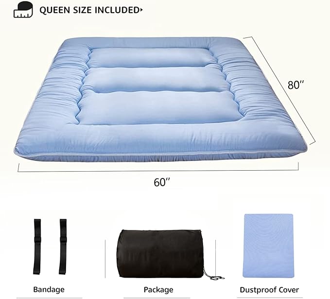 MAXYOYO Japanese Floor Mattress Futon Mattress, Thicken Sleeping Pad Foldable Roll Up Floor Futon for Adults Tatami Mat Dormitory Lounger, Dusty Blue, Queen Size
