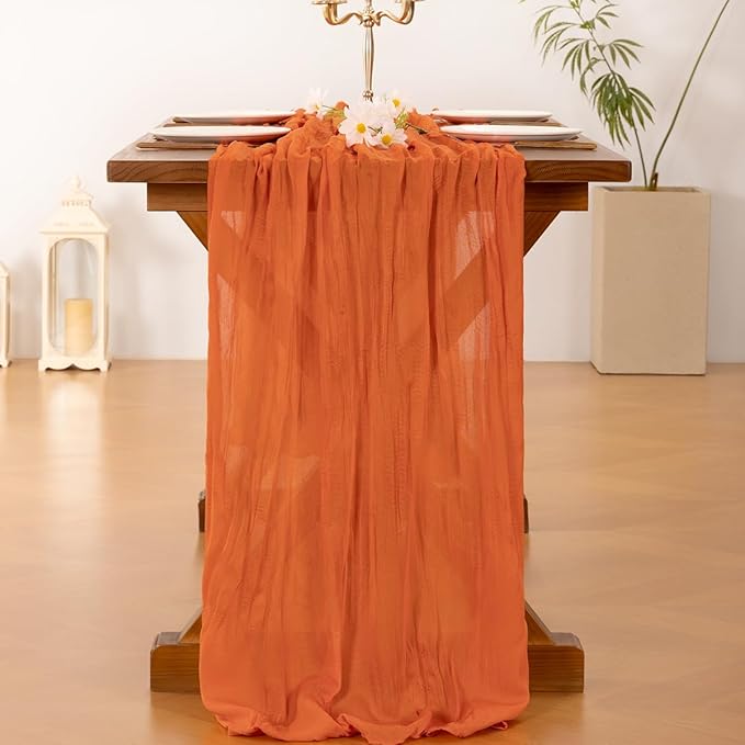 Socomi 10pcs Orange Valentine's Day Cheesecloth Table Runner Boho Rustic Gauze 120 inch 10FT Cheese Cloth Runner for Wedding Party Baby Shower Birthday Home Decor Holiday Decorations