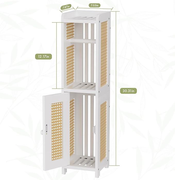 AmazerBath Toilet Paper Holder Cabinet, Bamboo Toilet Paper Holder Stand for Bathroom, Small Toilet Paper Storage Cabinet with Rattan Door, 30.3x7.8x7 inches, White