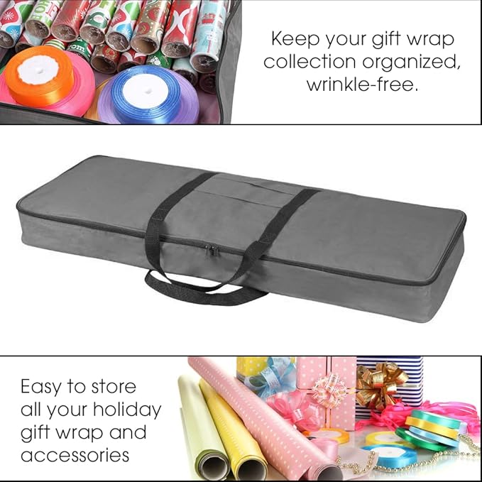 Primode Christmas Wrapping Paper Storage Bag with Pockets | Gift Wrap Organizer Container | 37” x 14” x 4” | Underbed Durable Box Made of 600D Oxford Material (Gray)