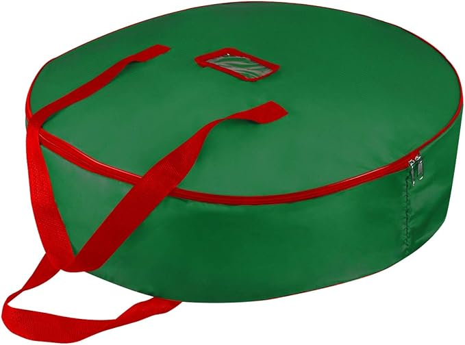 TQS 36" Christmas Wreath Storage Bag - Christmas Large Wreath Storage Container 36 inch- Heavy Duty Reinforced Wide Handle and Double Sleek Zipper - Protect Your Party Decorations Garland - Green