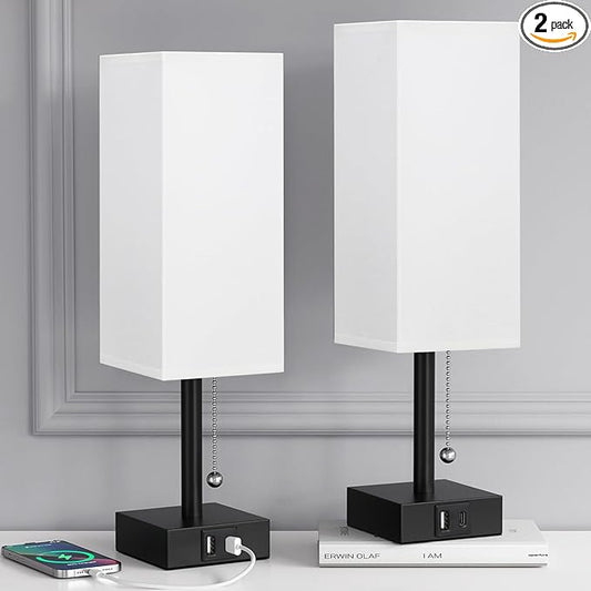 aooshine Bedside Table Lamps Set of 2 - Small White Bedroom Lamps with 3 Color Temperatures (3000K/5000K/4000K), Square Nightstand Lamp with USB C + A Charging Ports, Pull Chain Night Light
