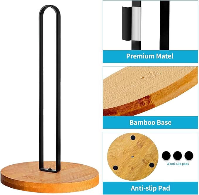 Wooden Paper Towel Holder Countertop, Kitchen-Towel-Holder FreeStanding with Non-Slip Base for Kitchen Bathroom