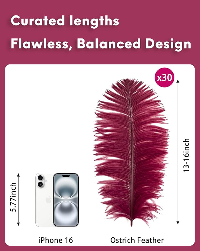 30pcs Wine red Ostrich Feathers Natural Bulk 13-16in(33-40cm) Vase Craft Wedding Home Party Centerpieces Christmas Day Decoration