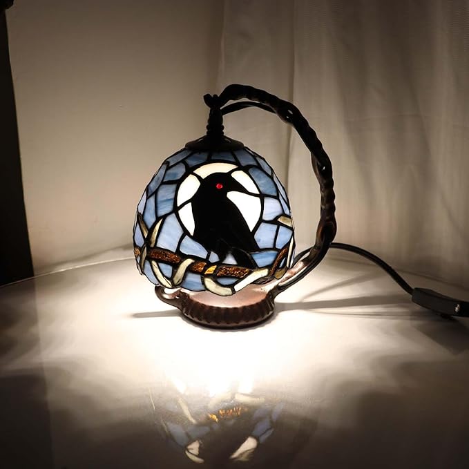 Bieye L12011 Raven Sitting on Bare Tree Branch in Full Moon Night Tiffany Style Stained Glass Table Lamp for Home Decor (Dark Blue, 7Wx5.5Dx8H)