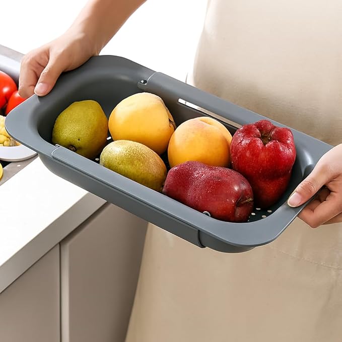 Expandable Sink Strainer for Kitchen Sink, Over Sink Colander Basket, Adjustable Drain Basket for Fruits & Vegetables, Space Saving, (Gray)