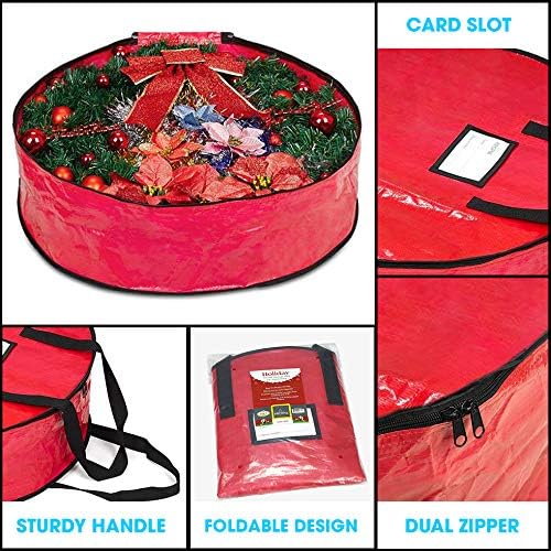 ProPik Christmas Wreath Storage Bag 24" - Garland Holiday Container with Tear Resistant Material - Featuring Heavy Duty Handles and Transparent Card Slot - 24” X 8” (Red)