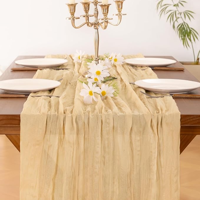 Socomi 3pcs Gold Champagne Cheesecloth Table Runner Easter Spring Boho Rustic Gauze 120 inch 10FT Cheese Cloth Runner for Wedding Party Baby Shower Birthday Home Decor Holiday Decorations