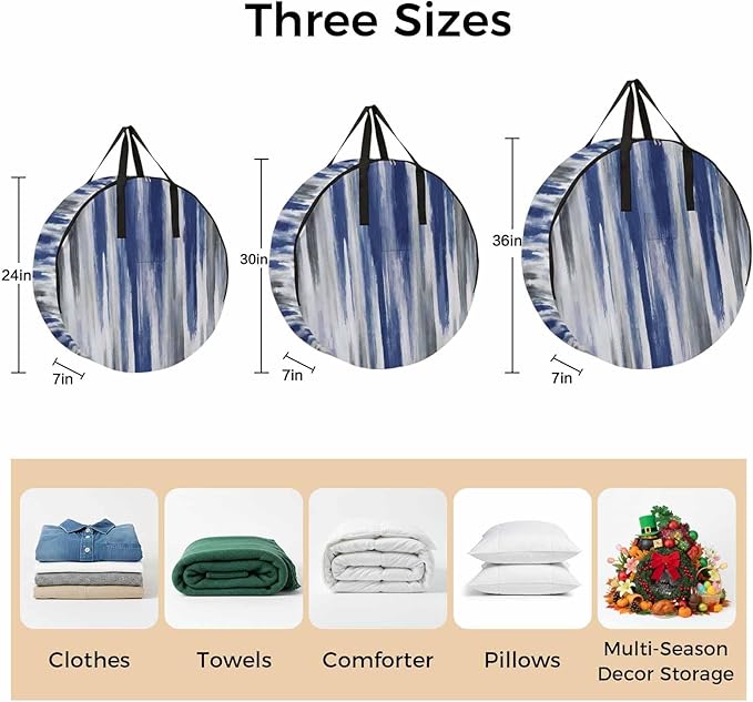 24 Inch Round Storage Bag 2 Pack,Watercolor Blue Grey Oil Painting Art Waterproof Wreath Storage Container with Handles&Zipper Modern Abstract Closet Organizer Bags Garland Box
