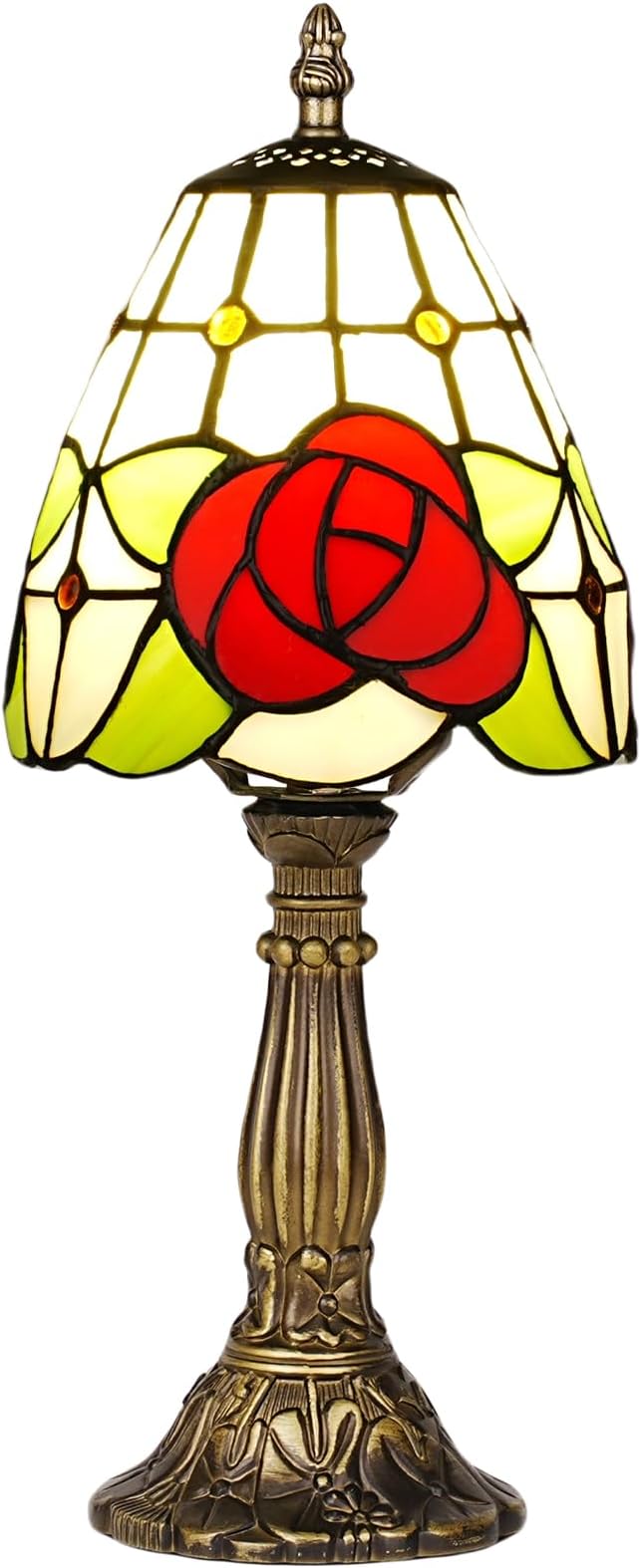 Small Tiffany Style Table Lamp, 6" Antique Stained Glass Lamp, Desk Bedside Table Night Lamp for Bedroom, Living Room, Office, Handcrafted Light with LED Bulb (Red Rose)