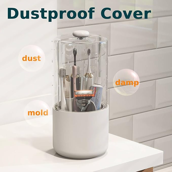 YOOLENS Toothbrush Holder with Cover 360 Rotating 4 Compartments Bathroom Toothpaste Electric Toothbrush Organizer, White