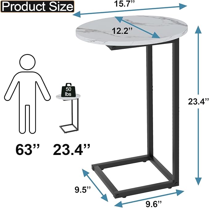 C Shaped End Side Table, Small Oval Couch Sofa Table for Bed, Snack Side Table with Metal Frame, TV Tray Table with White Marble for Small Space, Living Room, Bedroom, Bedside, Black