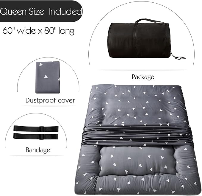 MAXYOYO Grey Triangle Japanese Floor Futon Mattress, Tatami Floor Mat Portable Camping Mattress Kids Sleeping Pad Foldable Roll Up Floor Lounger Pillow Queen Size with Mattress Protector Cover