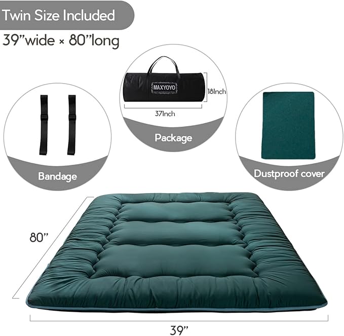 MAXYOYO Japanese Floor Mattress Futon Mattress, Thicken Sleeping Pad Foldable Roll Up Floor Futon for Adults Tatami Mat Dormitory Lounger, Dark Green, Twin Size