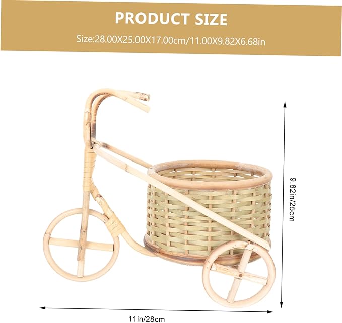 VOSAREA Handmade Rattan Tricycle Basket Mini Bamboo Pen Organizer for Desktop Decor Creative Storage for Home Office and Parties