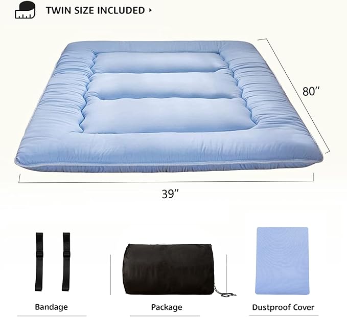 MAXYOYO Japanese Floor Mattress Futon Mattress, Thicken Sleeping Pad Roll Up Mattress Mattress Pad Foldable Floor Lounger Mat Boys Girls Dormitory Mattress Pad, Dusty Blue, Twin Size