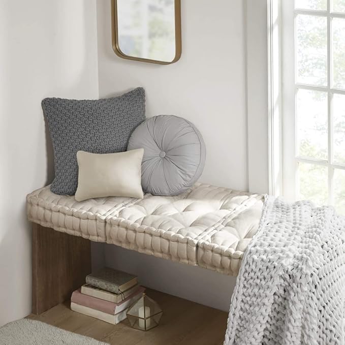 Intelligent Design Azza Floor Pillow, Large Cushions Sitting for Adults, Floor Pillow for Meditation or Yoga, Lustrous Chenille Tufted with Scalloped Edges for Bench/Chair Cushion, 20"x20"x5" Ivory