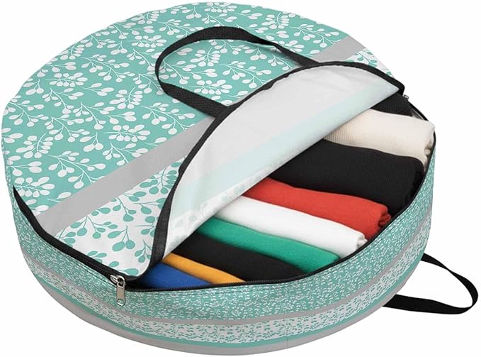 Storage Bag Aqua Grey Leaves Round Storage Totes Bins Closet Organizers with Zippers & Handle Stitching Stripes Clothes Storage Container for Bedroom Dorm Space Saving Packing Supplies Moving Bags