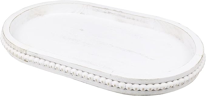 Hrastany Oval Wood Serving Tray with Wooden Beads, Outdoor Farmhouse Decorative Tray for Ottoman, Coffee Table, Kitchen Counter Organizer, Home Decor(Whitewashed)