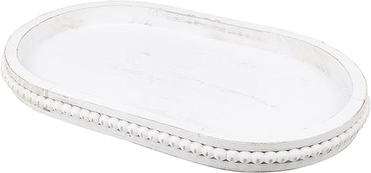 Hrastany Oval Wood Serving Tray with Wooden Beads, Outdoor Farmhouse Decorative Tray for Ottoman, Coffee Table, Kitchen Counter Organizer, Home Decor(Whitewashed)