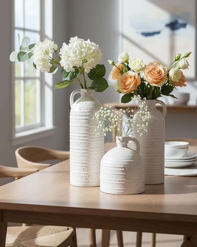 White Ceramic Vase Set of 3 with Handle – Ribbed and Dotted Jug Vases for Rustic Farmhouse Table Centerpiece, Shelf & Mantel Decor