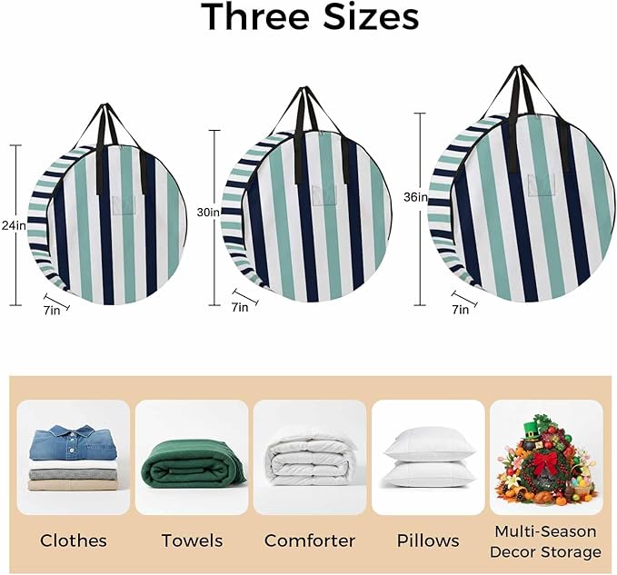 Storage Bag Navy Blue Teal Stripes Round Storage Totes Bins Closet Organizers with Zippers & Handle Contrast Striped Clothes Storage Container for Bedroom Dorm Space Saving Packing Supplies Bags