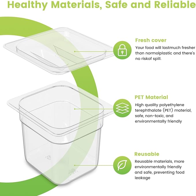 Plastic Clear Food Pan 1/6 Size Stackable Polycarbonate Pan with Capacity Indicator Restaurant Commercial Hotel Pans for Fruits Vegetables Beans Corns (12 PCS, 2.5'' Deep)
