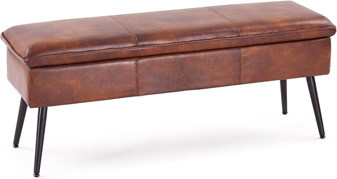 Ottoman with Storage Bench, End of Bed Bench with Flipping Lid, Mid-Century Modern & Faux Leather with Stitching, Loads 660 lb, for Living Room, Bedroom, Entryway, Retro Brown