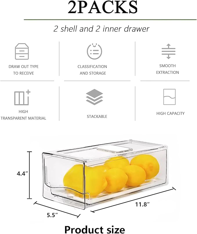 2 Pack Fruit Storage Containers for Fridge, Stackable Refrigerator Organizers with Strainer Layer,Reusable Storage Containers Clear Fridge Drawer for Produce,Vegetable in Kitchen,Fridge,BPA-Free